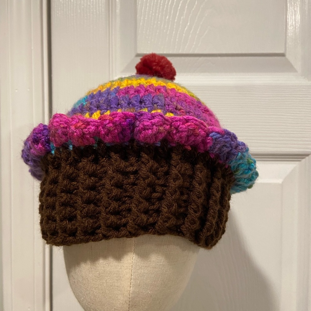 Handmade Crochet Rainbow Chocolate Cupcake Beanie Winter Hat Cozy Comfy Warm - Picture 3 of 5